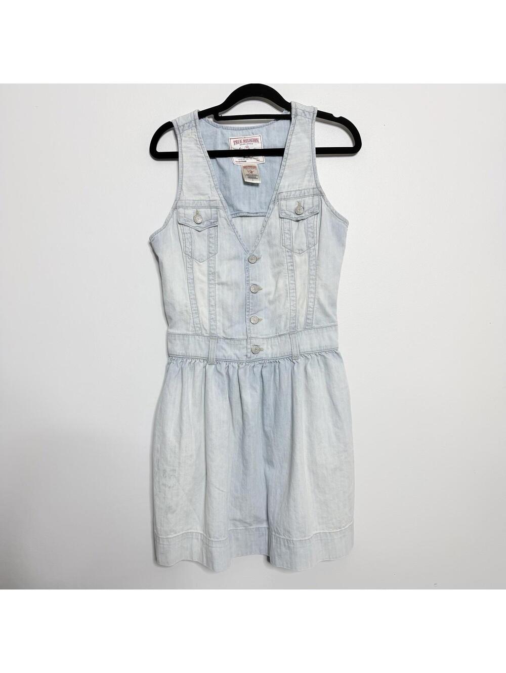 True Religion Roxanne Denim Dress Light Wash Button Front Small 100% Cotton Y2K